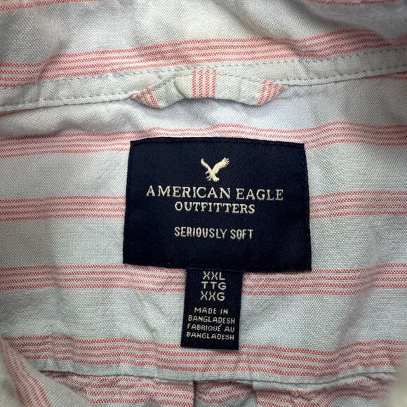 American Eagle Seriously Soft Button Down Shirt Mens XXL Red Blue Striped Cotton - Picture 3 of 15
